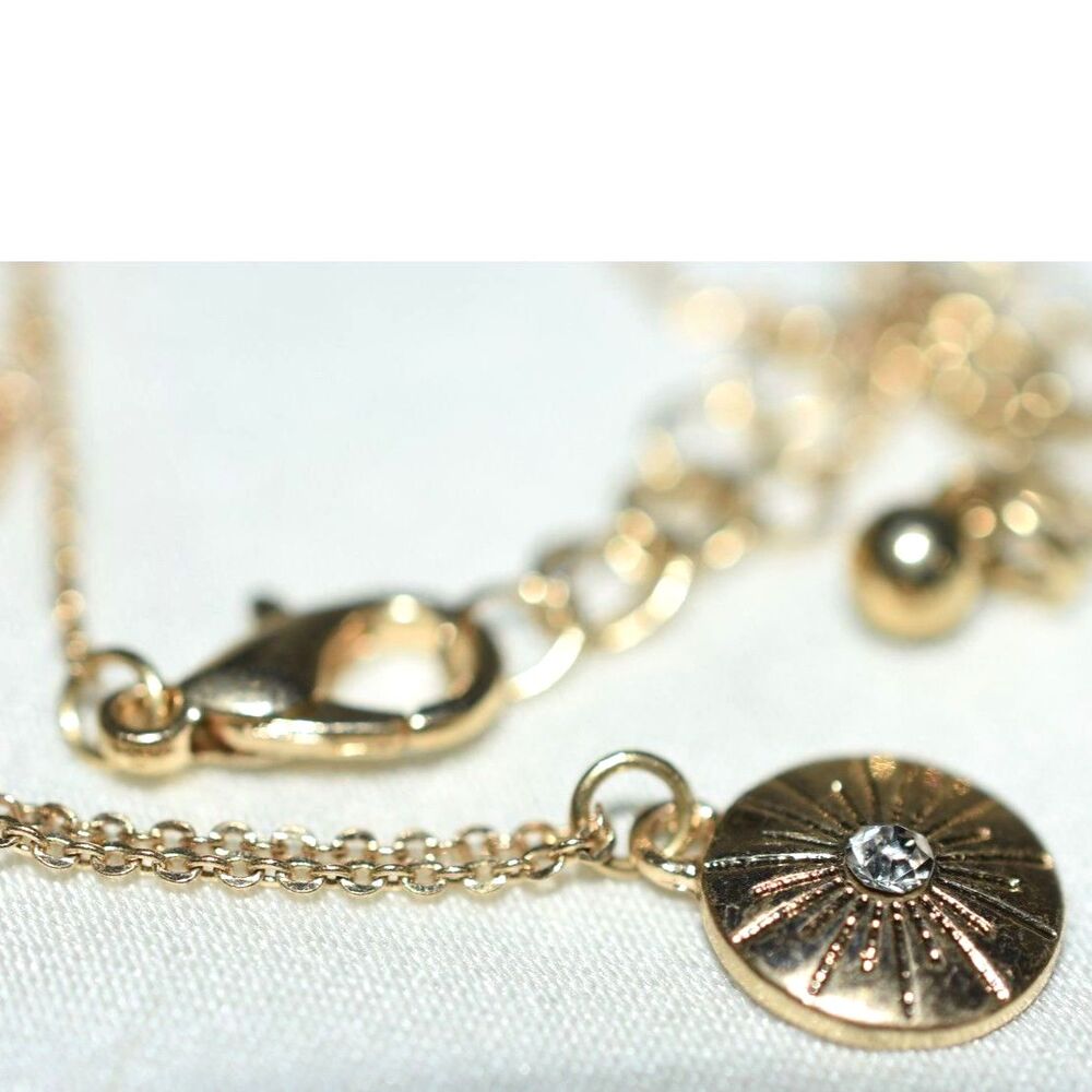 Petite Charming Sunburst Medallion Rhinestone Accent Gold Tone 20" Necklace